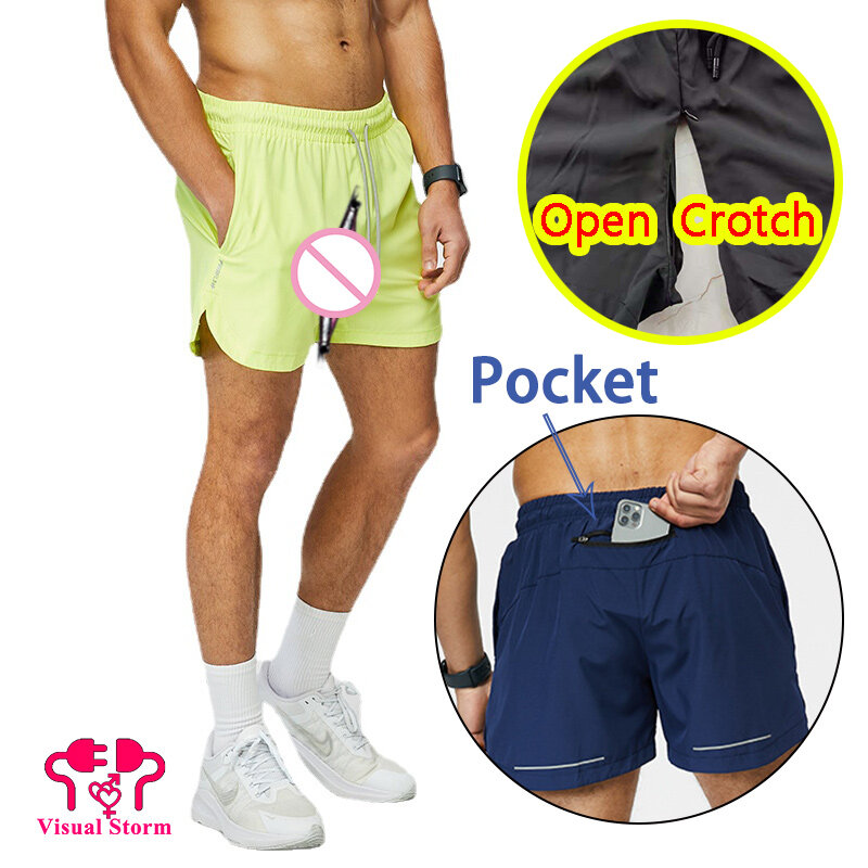 Calça de virilha aberta masculina com zíperes ocultos, calções casuais de ginástica, zíperes invisíveis respiráveis, esporte, calcinha crotchless, nova, quente