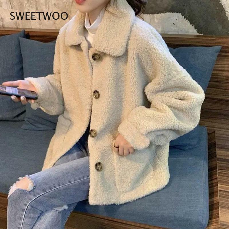 Outono inverno casaco de lã de cordeiro feminino coreano gola turndown casaco de pelúcia harajuku quente faux peles jaquetas outwear natural