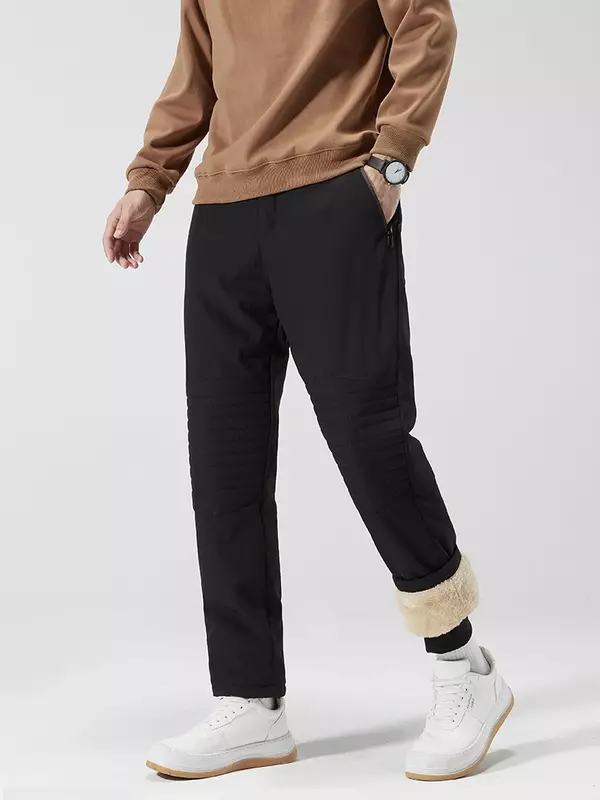 Новинка 2024, зимние мужские брюки на молнии с карманами, теплые прямые повседневные брюки до колена из плотной флисовой ткани с графиновым подкладом, мужские термобрюки