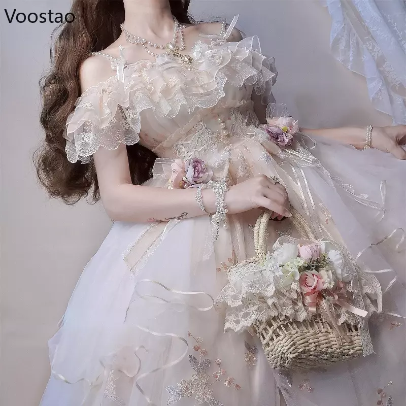 Викторианское Ретро Лолита Jsk платье японское женское милое кружевное свадебное платье принцессы с цветочной вышивкой милое женское платье