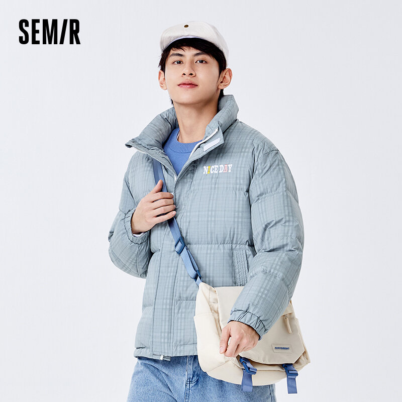 Semir Down Jacket Men Fashion Plaid Letter Embroidery 2023 Winter New Loose Stand-Up Collar Bread Jacket