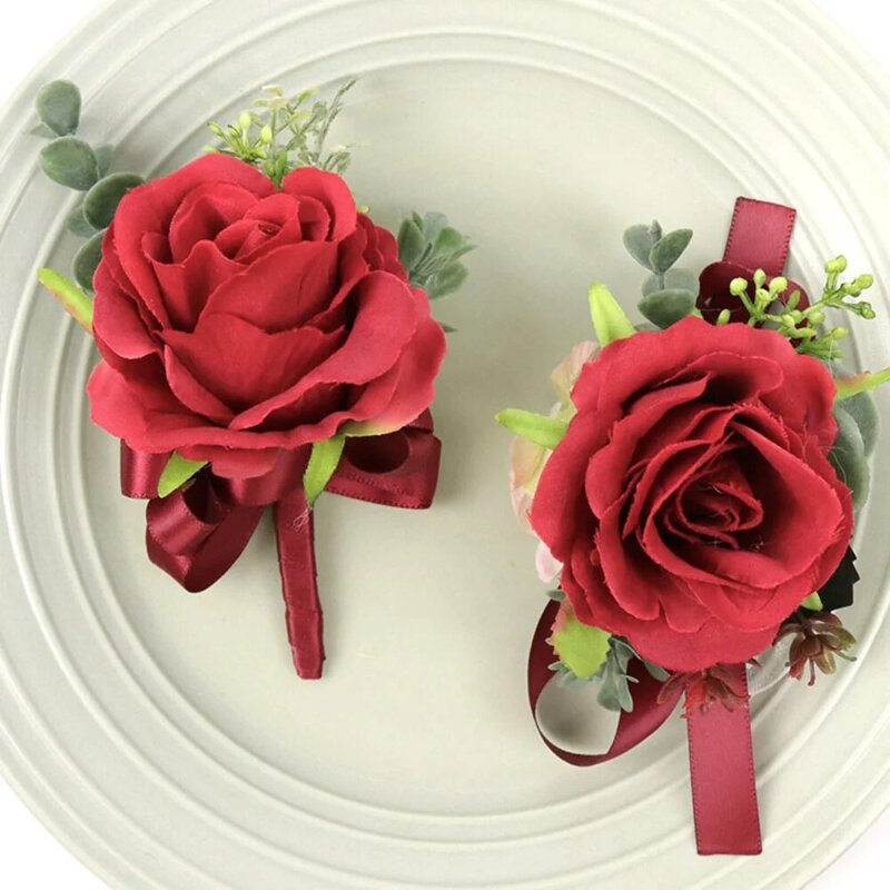 Czerwone jedwabna róża i kwiaty piwonii boutonnierki ślubne dla gości kwiatowe szpilki ręcznie robione kwiatowe bukieciki boutonniere mariage