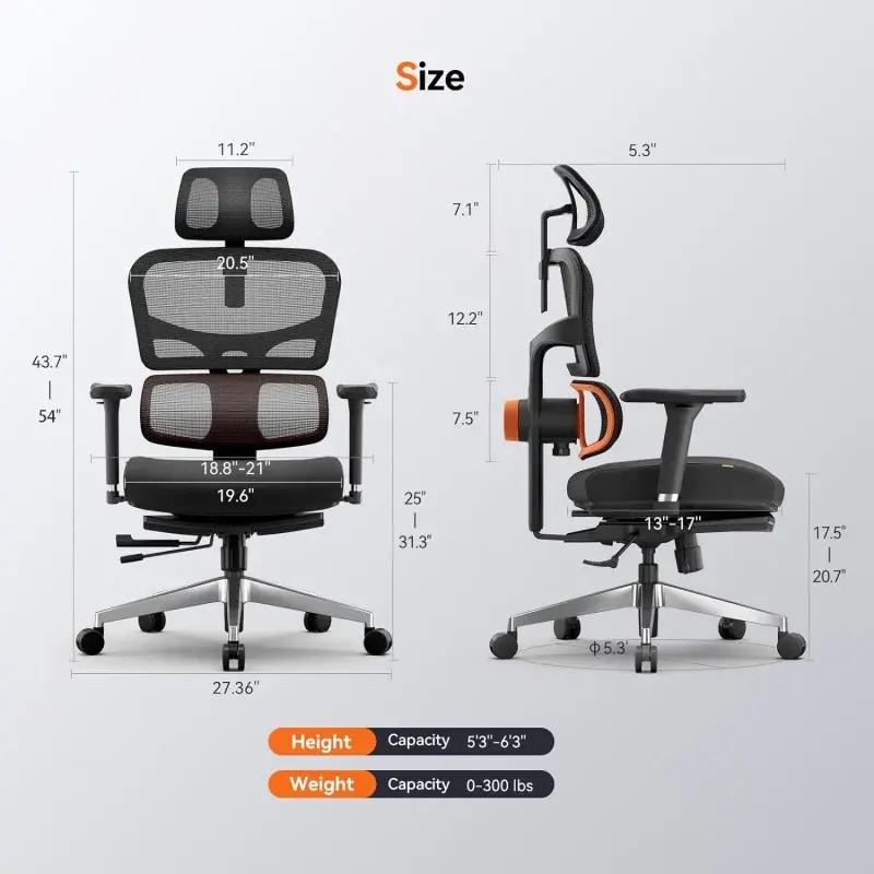 Silla de oficina ergonómica con reposapiés, silla de escritorio de Espalda alta con soporte Lumbar ajustable único, ajuste de profundidad del asiento, inclinación Fu