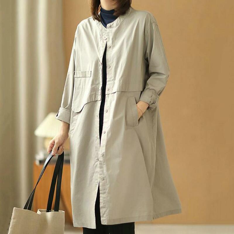 Mantel panjang warna polos, mantel Trench ukuran Plus longgar warna polos dengan kantong untuk musim gugur