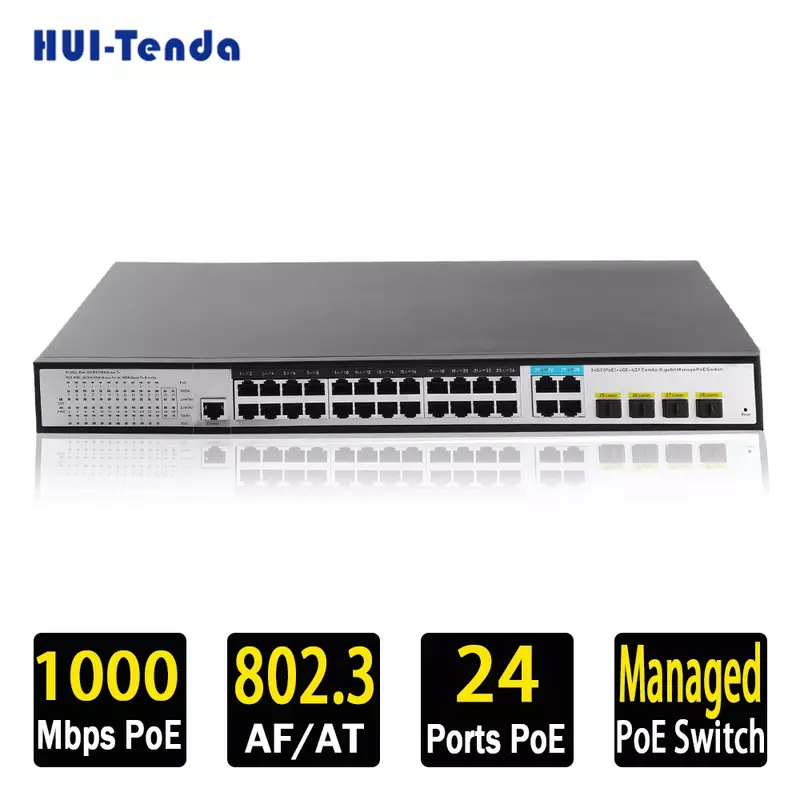 HUI-Tenda zarządzany przełącznik gigabitowy POE 24 porty SFP VLAN STP QOS 1000 mb/s RJ45 Ethernet koncentrator przełączający światłowód montowany w stojaku