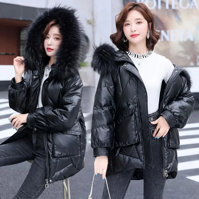 2023 Down Cotton-Padded Jacket Women's Long Heavy Fur Collar New Bright Face Thickened Parka Bread Clothing Hooded Coat Warm