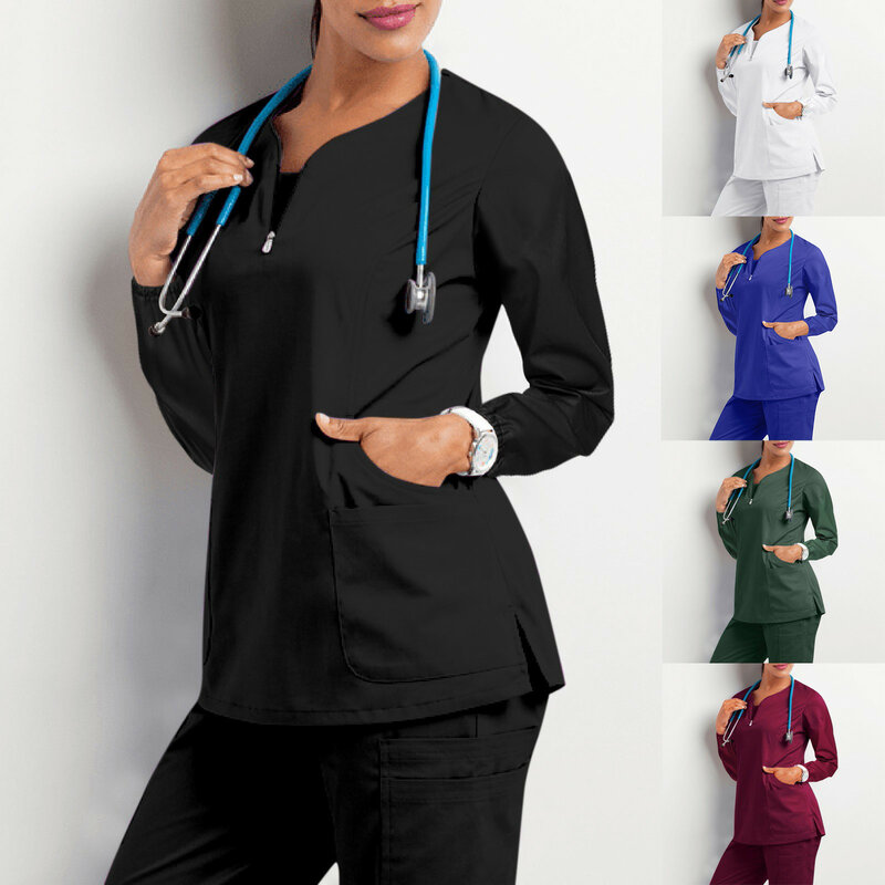 여성 간호 작업복, 단색 긴팔 간호사 유니폼, V넥 상의, 주머니가 있는 작업 티셔츠