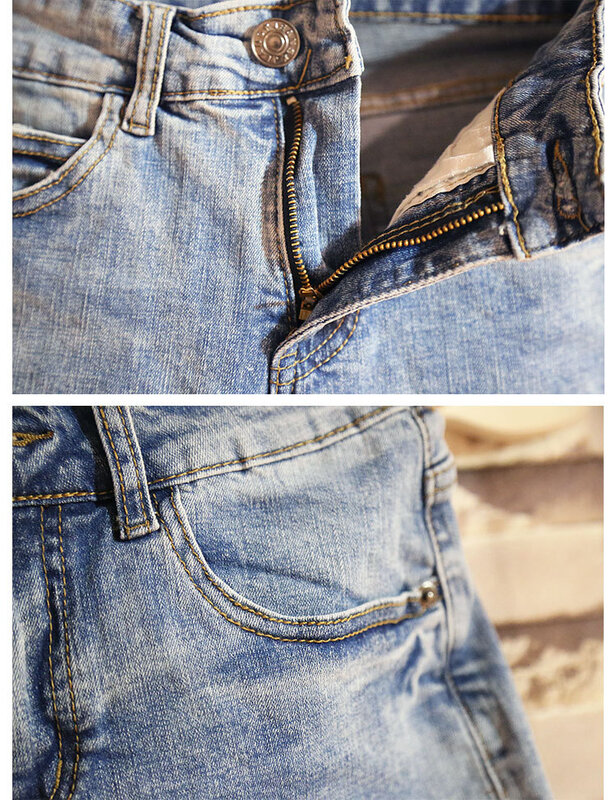 شورت جينز رجالي صيفي ضيق مناسب للغسيل بفتحات من قماش الدنيم سروال جينز 5 نقاط مستقيمة على الموضة الكورية