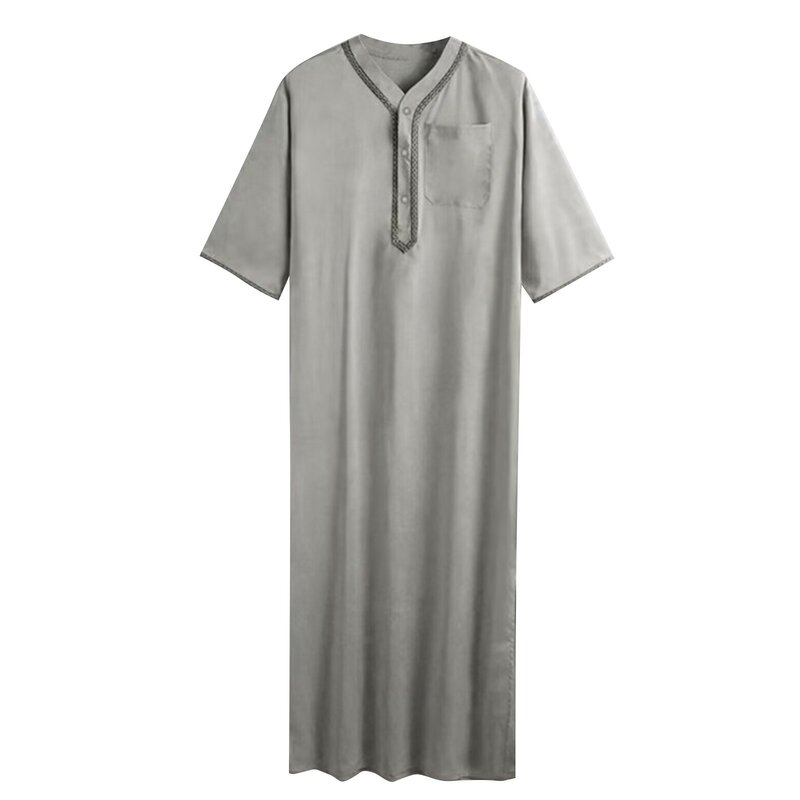 Летняя мужская одежда в мусульманском стиле, простой однотонный свободный халат с V-образным вырезом и пуговицами в стиле пэчворк, Повседневная универсальная прямая одежда Jubba Thobe