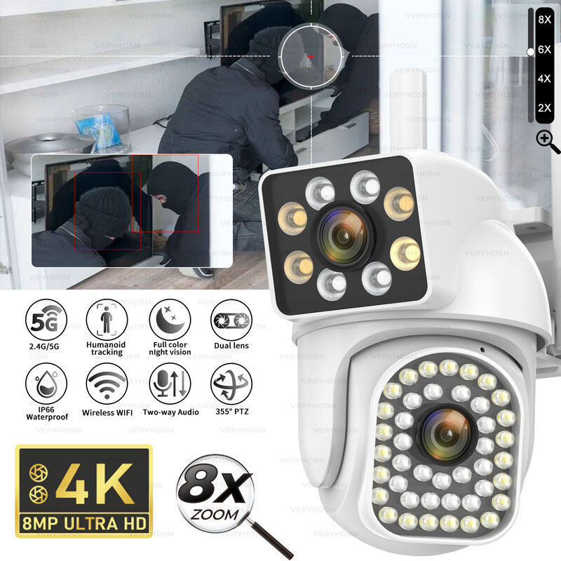 8MP WiFi IP Camera Dual Lens PTZ Full Color Night Vision Surveillance Cameras Human Detect Tracking Outdoor Waterproof 8x Zoom