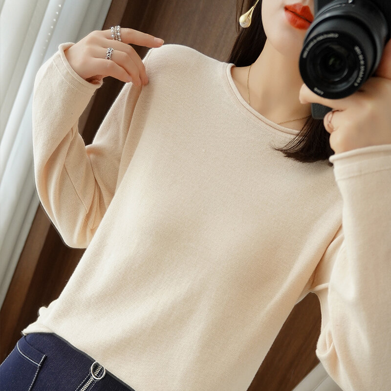 Pullover da donna primavera/autunno 100% cotone maglione Casual tinta unita maglieria da donna top allentato girocollo camicetta di base