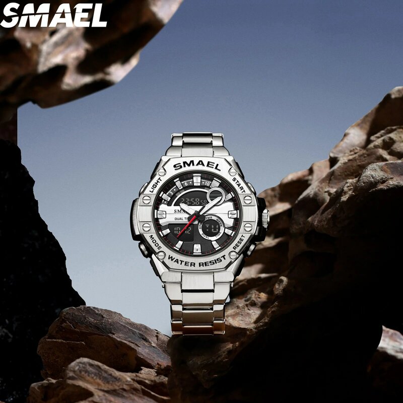 Smael 8090 Gelegeerd Stalen Strip Dubbel Display Elektronisch Horloge, Waterdichte Wekker Voor Heren, Multifunctioneel
