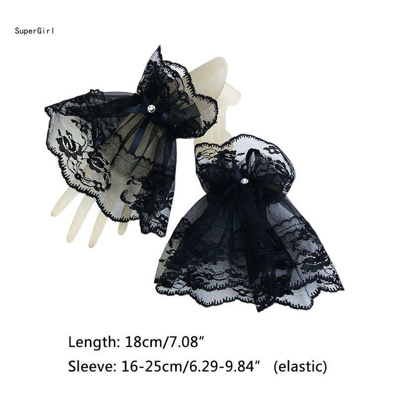 Womens Halloween Gothic Black Lace Wrist Cuffs Bracelets Wedding Party Sunscreen for Rhinestone Bowknot Fingerless Glove