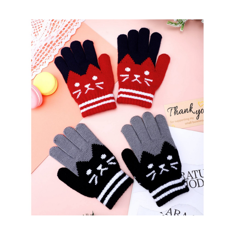 2 Pairs Kids Winter Gloves Full Finger Knitted Gloves Warm Stretchy Mittens for Girls Supplies (Grey,Pink)