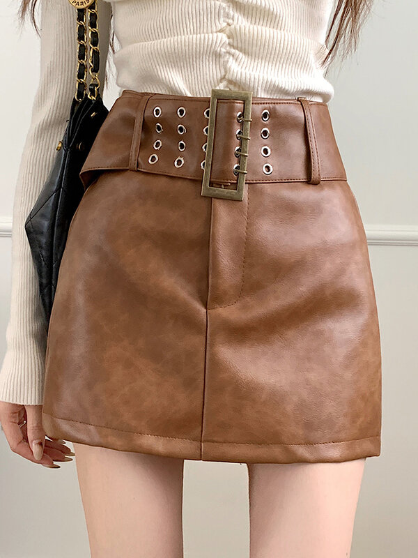 QOERLIN Women Faux Leather Skirts 2024 New High Waist PU Skirts Black Coffee Slim Belt Loose Casual Streetwear Sexy Mini Skirt