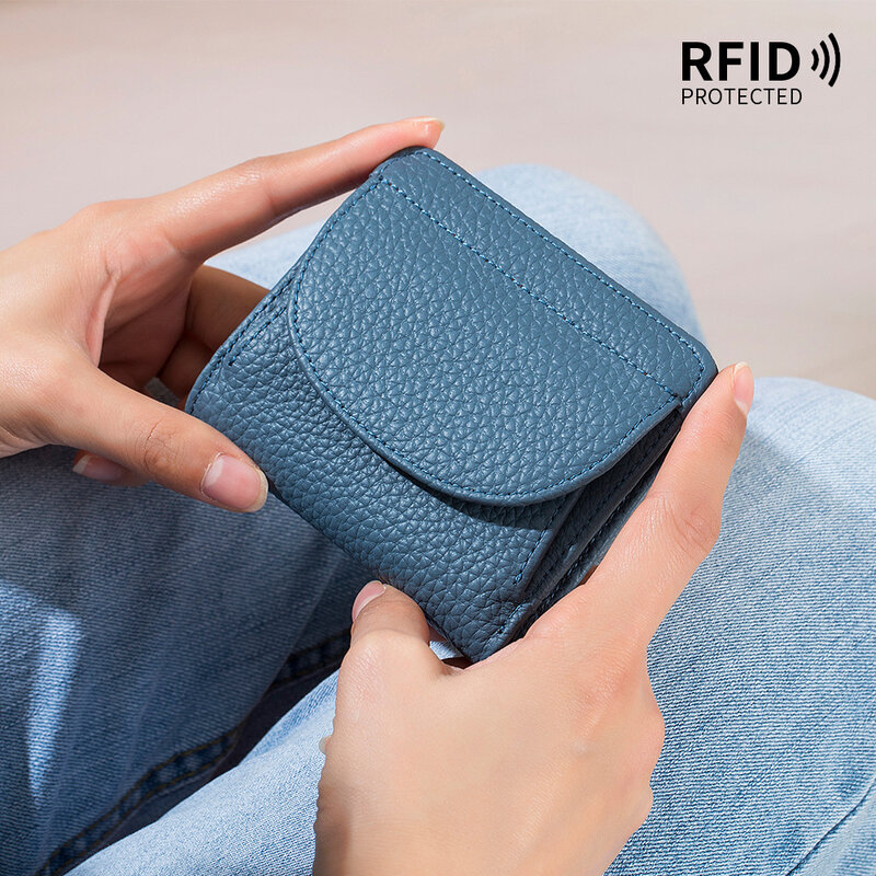 Kulit asli RFID ID kredit Bank tempat kartu bisnis kulit sapi dompet koin tas genggam mewah dompet saku ramping untuk wanita