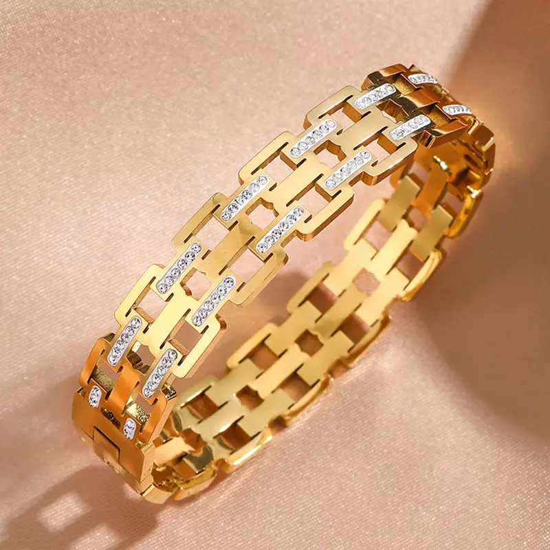 Pulseiras de camada dupla para mulheres, aço inoxidável, cor dourada, strass, placa de ouro 18k, joia nova moda