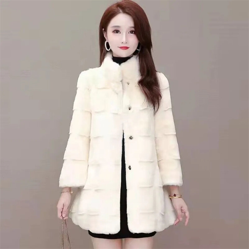Женское пальто из искусственного меха, новинка, женская мягкая удобная Меховая куртка средней длины, женское теплое пальто с воротником-стойкой