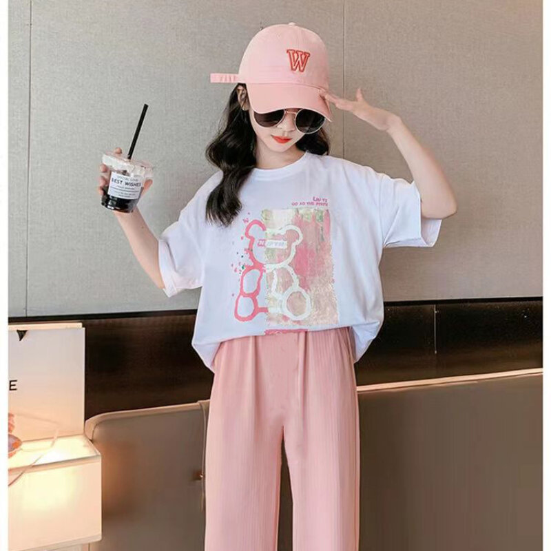 Summer Clothes Set for Children Girls Cartoon Bears Printed T-Shirts and Pants 2 Pieces Suits Kid Top Bottom Outfits Tracksuits