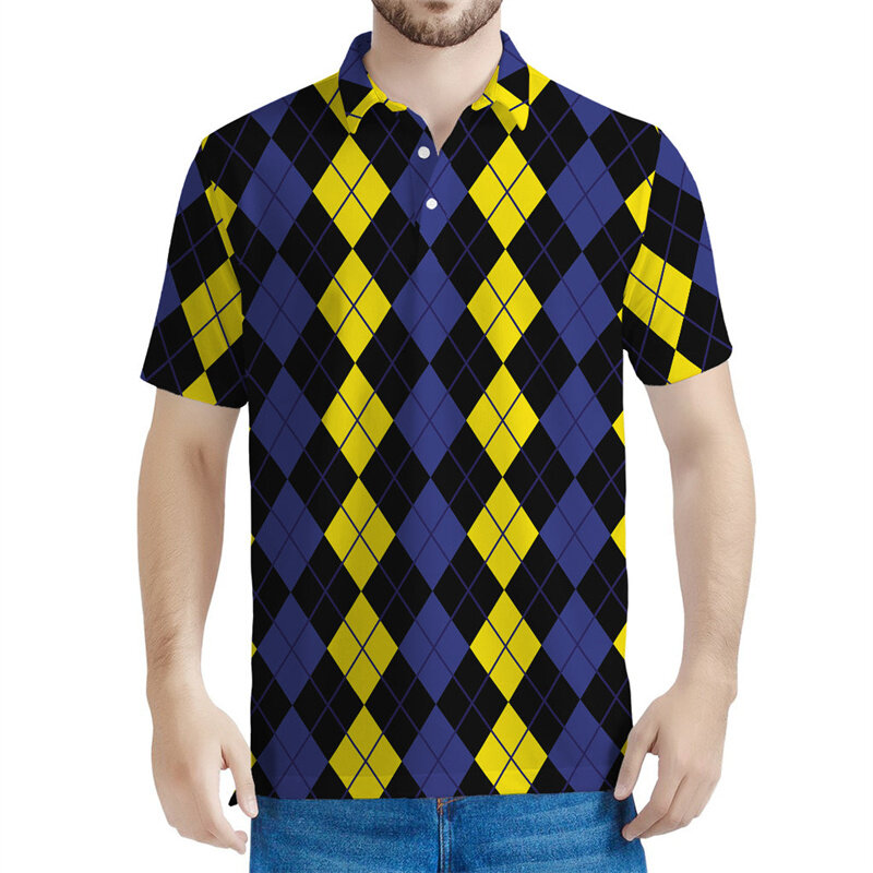 Camisa polo multicolorida masculina, estampada em 3D, geometria de mangas curtas, camiseta casual rua verão, camiseta com lapela, tops