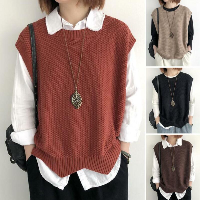 Women Knitted Vest Cozy O Neck Knitted Vest for Women Soft Autumn Winter Waistcoat with Wavy Hem Top Knitwear for Ladies Cozy
