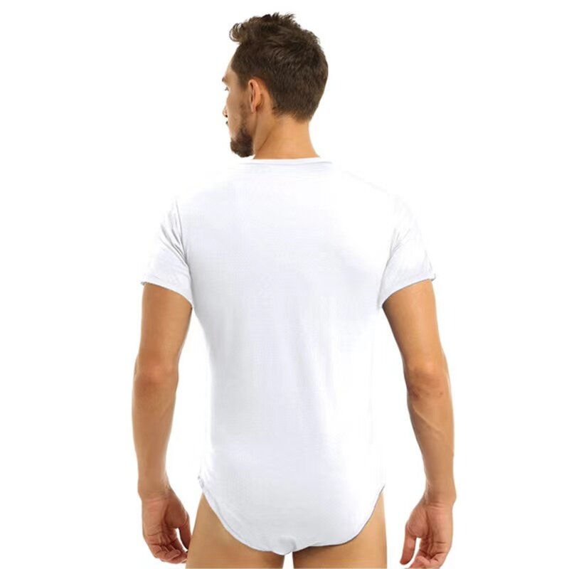 Новинка 2024, мужской комбинезон, дышащая футболка с коротким рукавом и круглым вырезом на пуговицах, простое сексуальное мужское нижнее белье, домашние колготки, пижамы