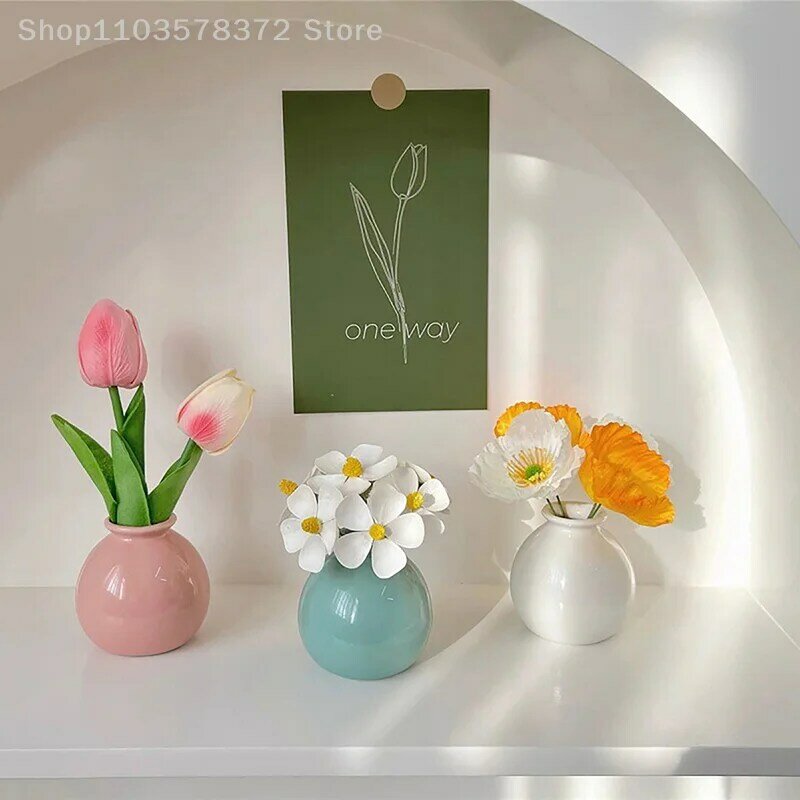 Mini vase à bouteille en céramique à large bouche, récipient hydroponique pour plantes, décoration de bureau, ornement artisanal à la mode, vase à fleurs artificielles
