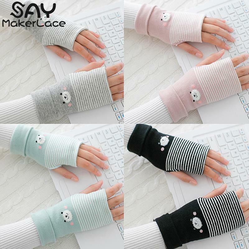 1Pair Basic High Stretch Fingerless Warm Gloves Bear Pattern Half Finger Gloves Convenient Touchscreen Writing Female Gloves