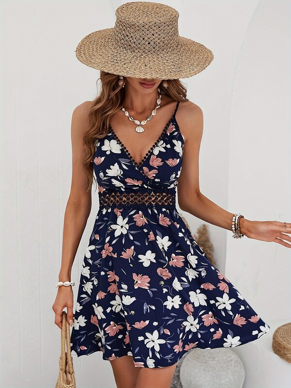 Sommer elegante Frauen Kleid lässig Strand Boho V-Ausschnitt gedruckt ärmellose gekräuselte Hosenträger 2024 plus Größe Damen kleider Vestidos
