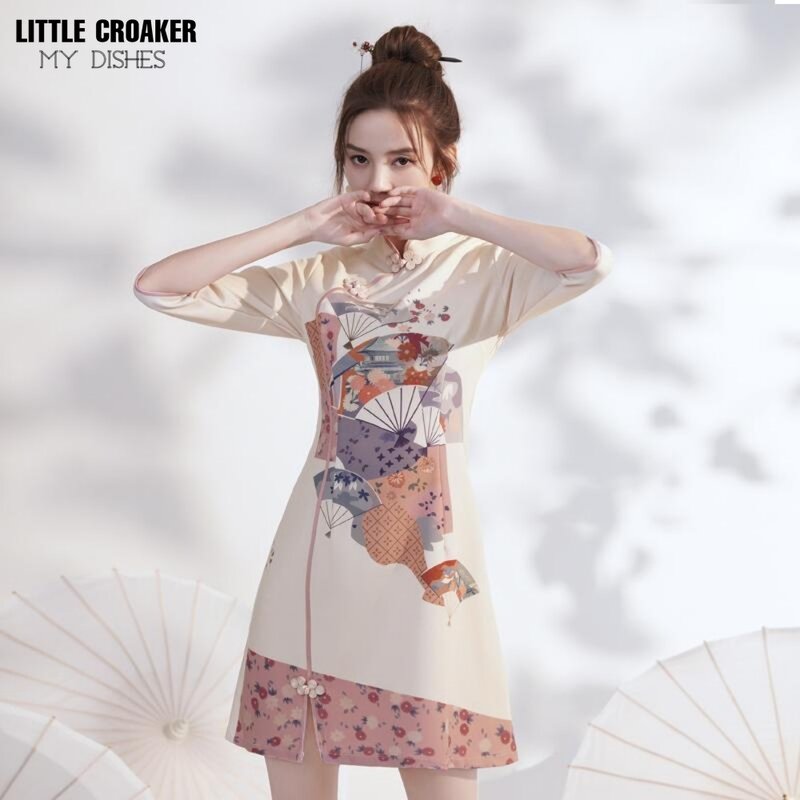 Qipao gaun Cheongsam modifikasi muda musim panas 2023 gaun gadis Retro Chinoiserie pendek kecil Tiongkok