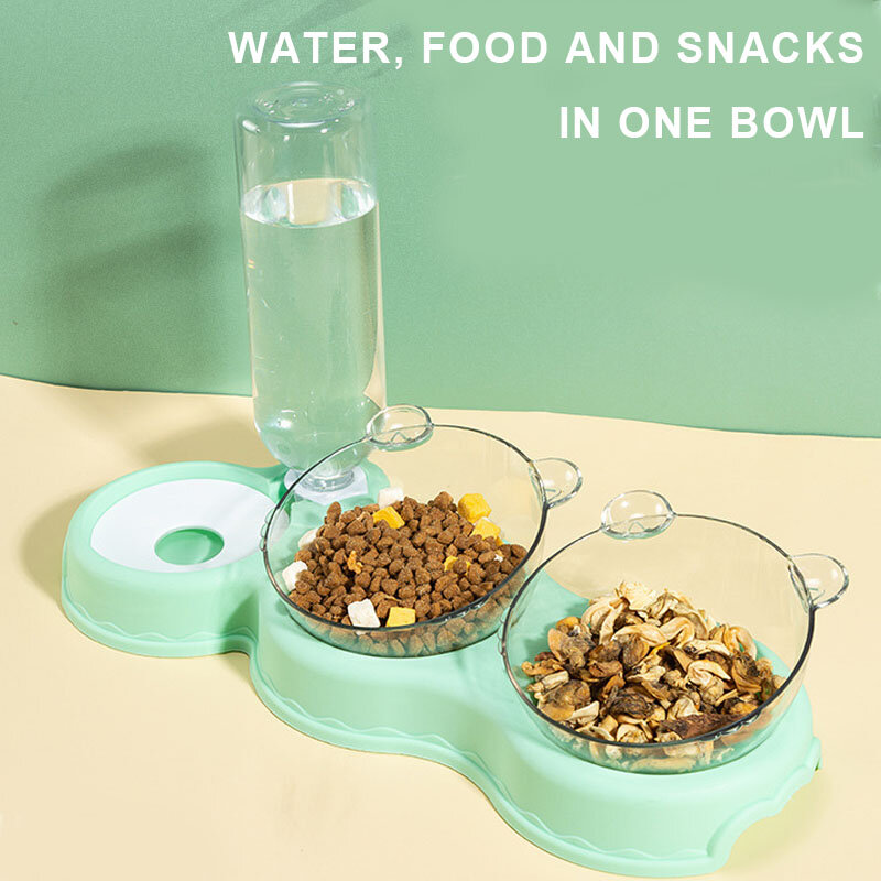 Mangkuk air pemberi makan otomatis kucing, mangkuk makanan anjing dan kucing dengan dudukan minuman dua mangkuk untuk kucing anjing hewan peliharaan