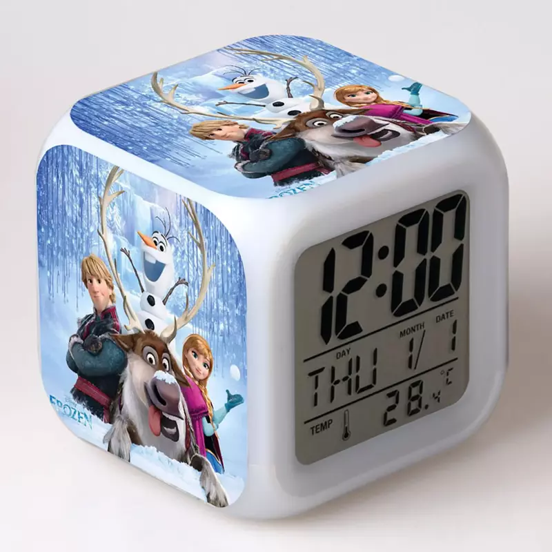 Jam Alarm LED anak-anak, Anime Frozen Elsa Anna lampu malam, Jam Alarm warna-warni, dekorasi Desktop kamar tidur, hadiah ulang tahun anak-anak
