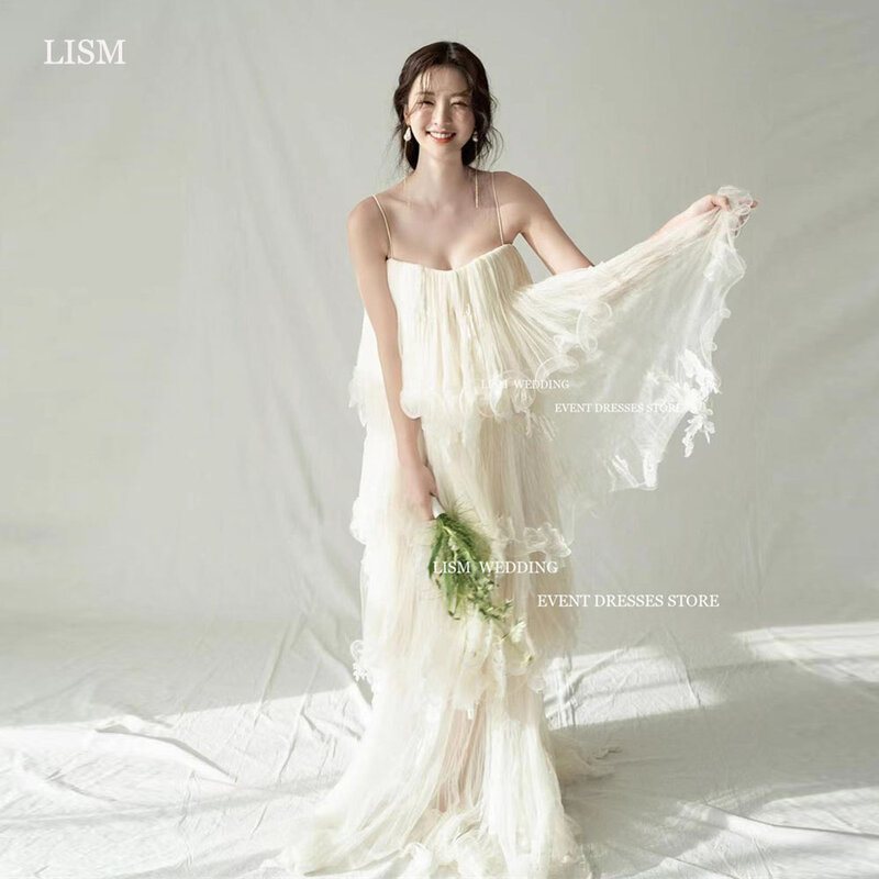Lism ชุดราตรีผ้าทูลสีงาช้างแบบเกาหลีชุดงานพรอมงานแต่งงานแต่งระบายเป็นชั้นๆสำหรับถ่ายภาพ