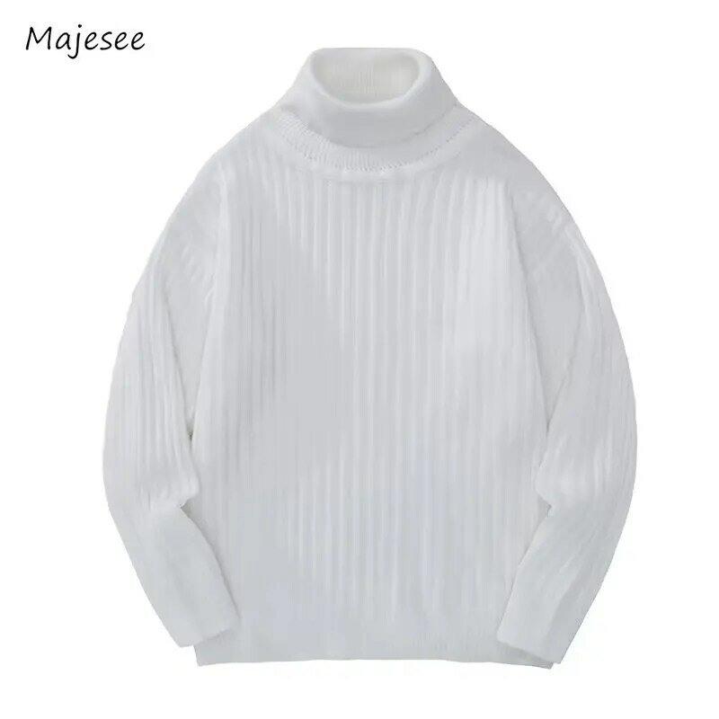 Solid Sweaters Men Autumn Warm Japanese Style Slouchy Harajuku Vintage Knitwear High Street All-match Turtleneck Students Daily
