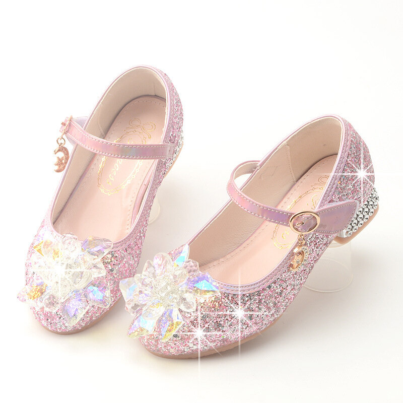 2023 Nova Princesa Crianças Sapatos De Couro Grande Diamante Flor Glitter Crianças Salto Alto Meninas Dance Party Student Performance Shoes