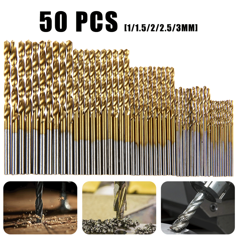 50Pcs Titanium Coated HSS High Speed Steel Drill Bit Set Metal Hole Grooving Drill Saw Carpenter Woodworking Tools
