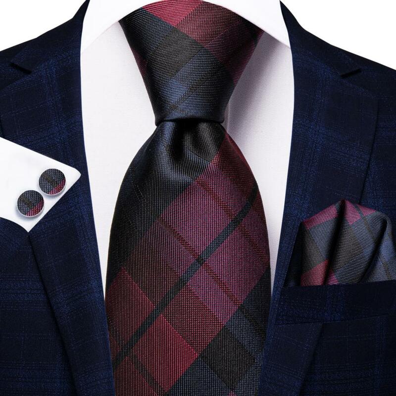 Hi-Tie-corbata de seda a cuadros para hombre, conjunto de corbata a cuadros azul y rojo, regalo de gemelos, boda, moda, fiesta de negocios, envío directo