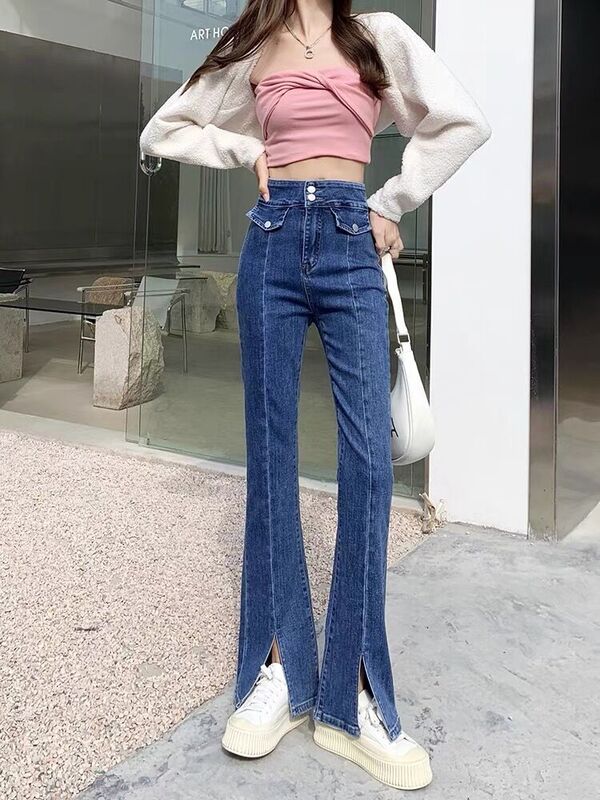 Split Cuff Streetwear Mulheres Baggy Jeans Y2K Tassel Solto Feminino Flare Calças Primavera Outono Tamanho Moda Casual Calças Retas