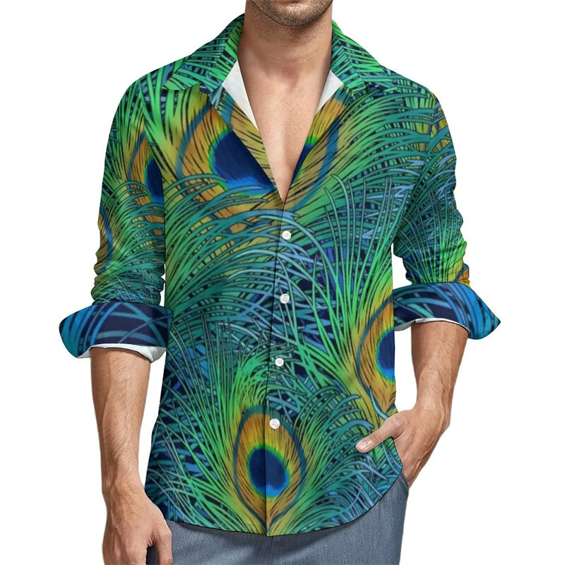 Мужская рубашка с длинным рукавом, с 3D-принтом перьев
