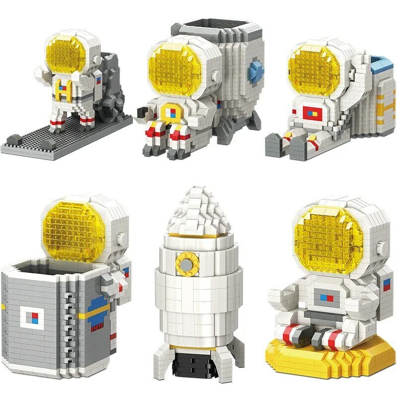 934pcs Aerospace Astronaut Rocket Building Blocks With LED Light Brush Pot Mini Micro Diamond Bricks DIY Toys for Children Gifts