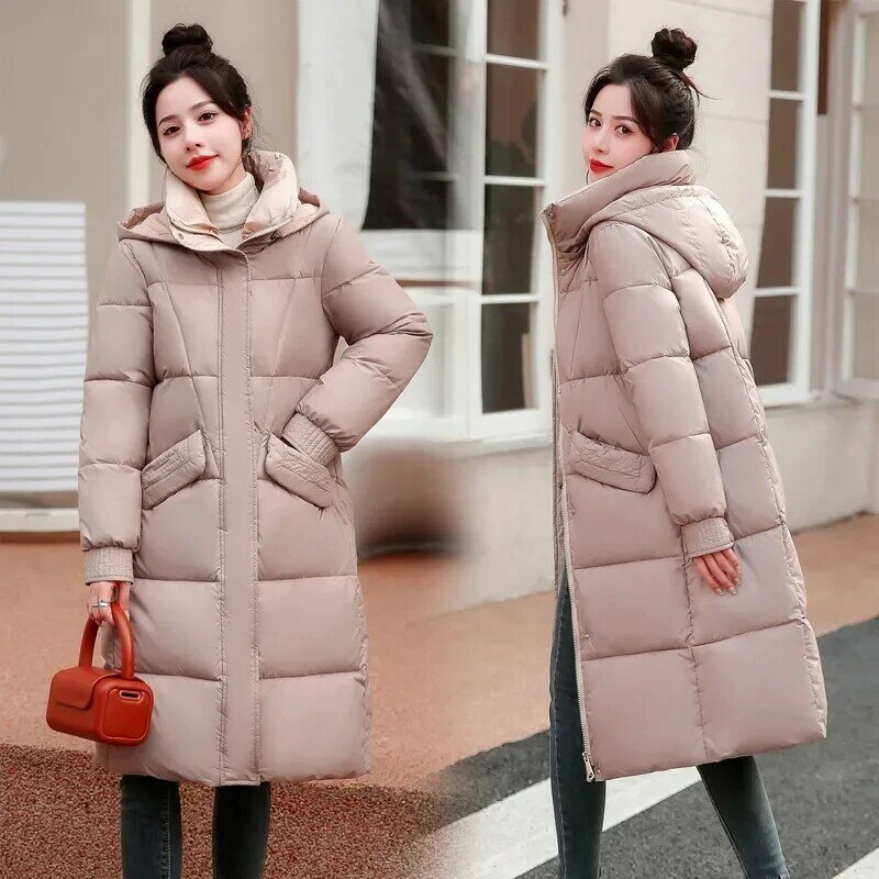 Para baixo algodão jaqueta feminina 2022 inverno nova moda coreana fino grosso acolchoado casaco feminino tamanho grande longo sobre o joelho com capuz parkas