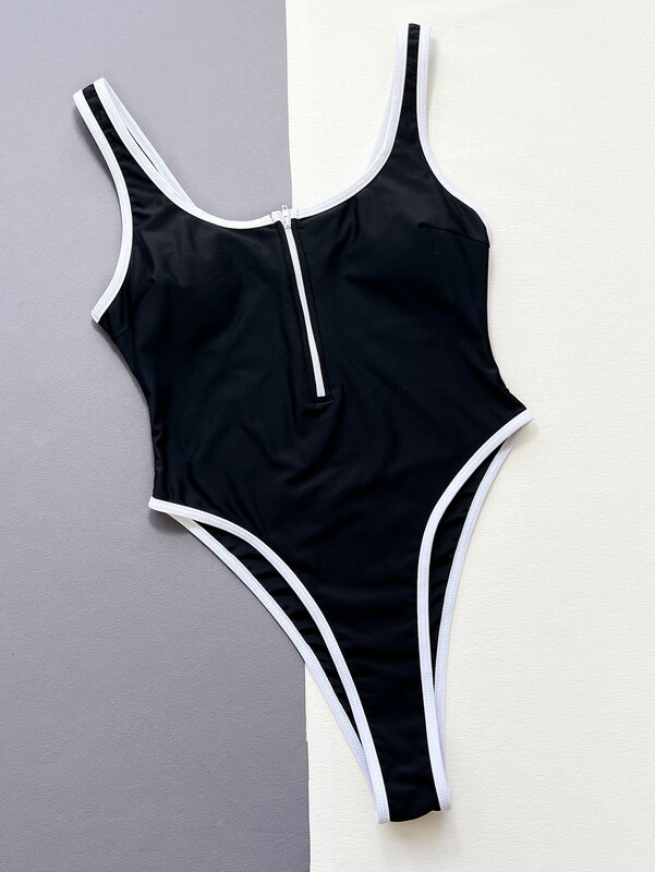Summer Zipper One Piece Swimsuit Women Black Contrast Push Up Padded Tummy Control Swimwear 2024 Beach Bathing Suit Monokini