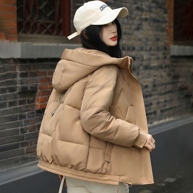 Jaket bantalan katun wanita, Luaran pendek Korea longgar berkerudung mantel Parker hangat musim dingin 2024