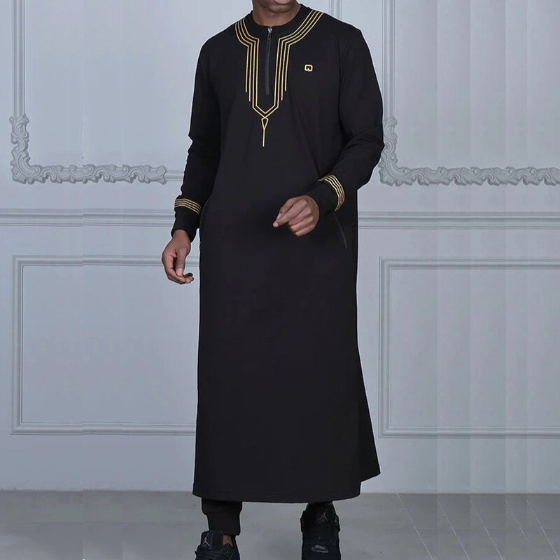 Arabic Islamic Mens Robe European And American Muslim Embroidered Embroidery Clothing Casual Loose Long-Sleeved Mens Robe