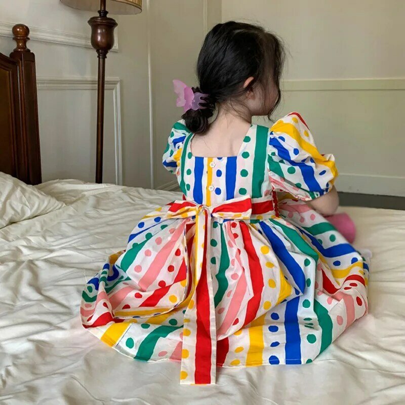 Summer Girls Colorful Dot Print Waist Puffy Dress Skin-friendly Square Neck Knee Length Dress Clothing 3-8 T