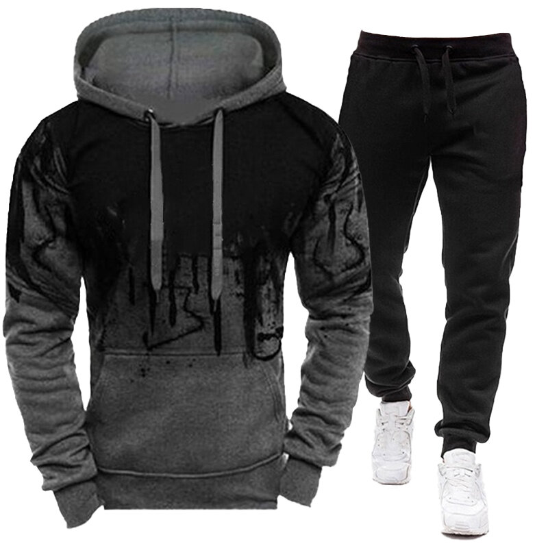 Men's clothing fashion hooded sportswear jogging suit splashed ink hooded sportswear suit hooded+sports pants sportswear