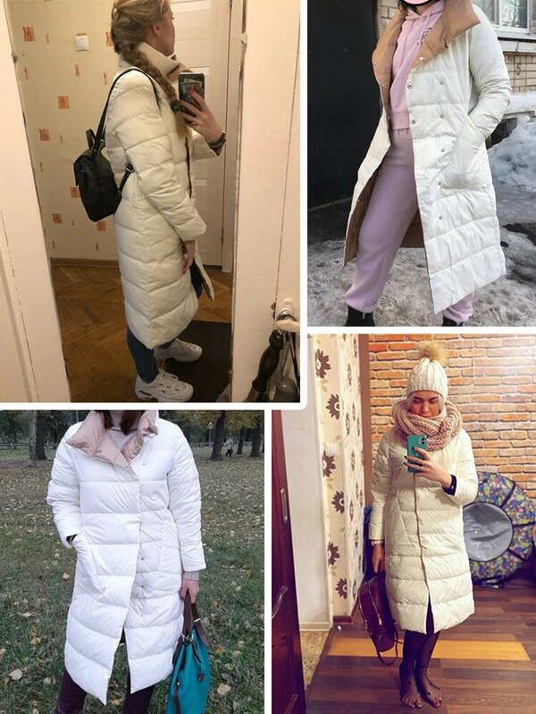 FTLZZ kobiety dwustronna puchowa, długa kurtka zimowa 90% biały płaszcz z kaczego puchu podwójne piersi ciepłe parki śnieżna odzież wierzchnia