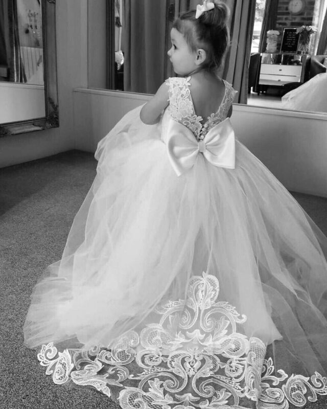 결혼식을 위한 귀여운 꽃의 소녀 드레스, 큰 활 아플리케 긴 작은 미인 대회 가운, 소녀 흰색 얇은 명주 그물 첫 영성체 가운