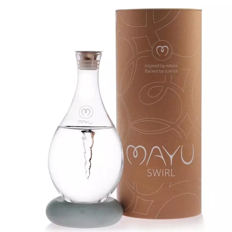 MAYU Swirl Structured Water Pitcher - Handblown Glass Carafe 1.5 Liter Design Jug - Dispenser Stand with Innovative Techn