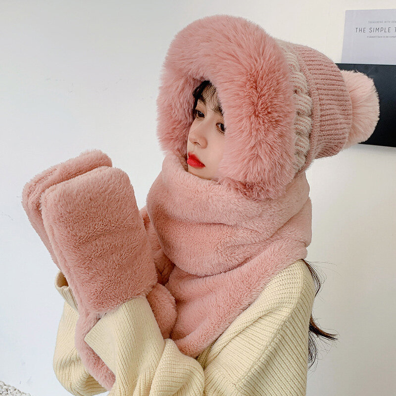 Women's Hat Scarf in One Female Winter Plush One-piece Warm Plus Fleece Thickened Cold Bib Gloves Ear Protection Ski Fashion Hat